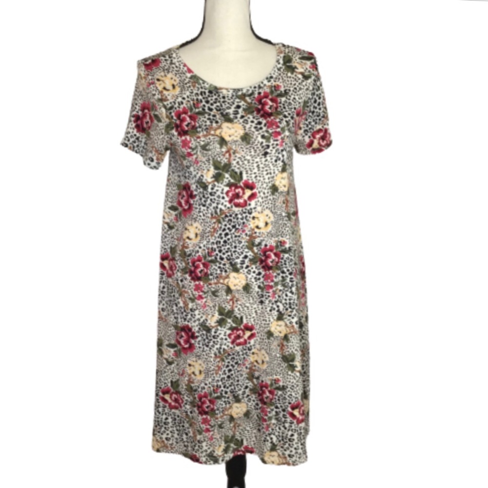 LuLaRoe Leopard & Floral Carly Dress Brown Yellow Fuchsia Green XS